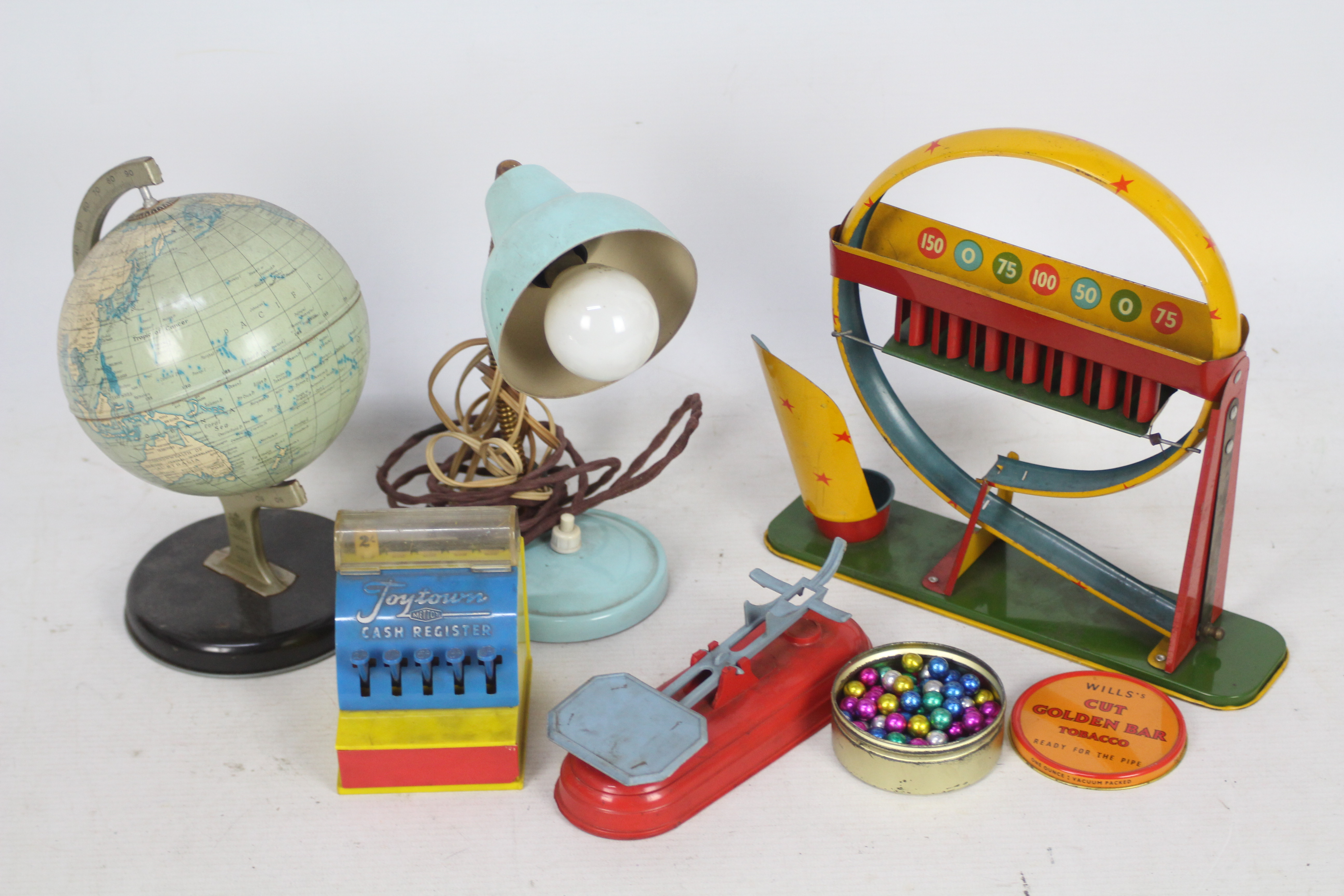Chad Valley - Mettoy - A collection of vintage toys including a tin plate ball race game with a