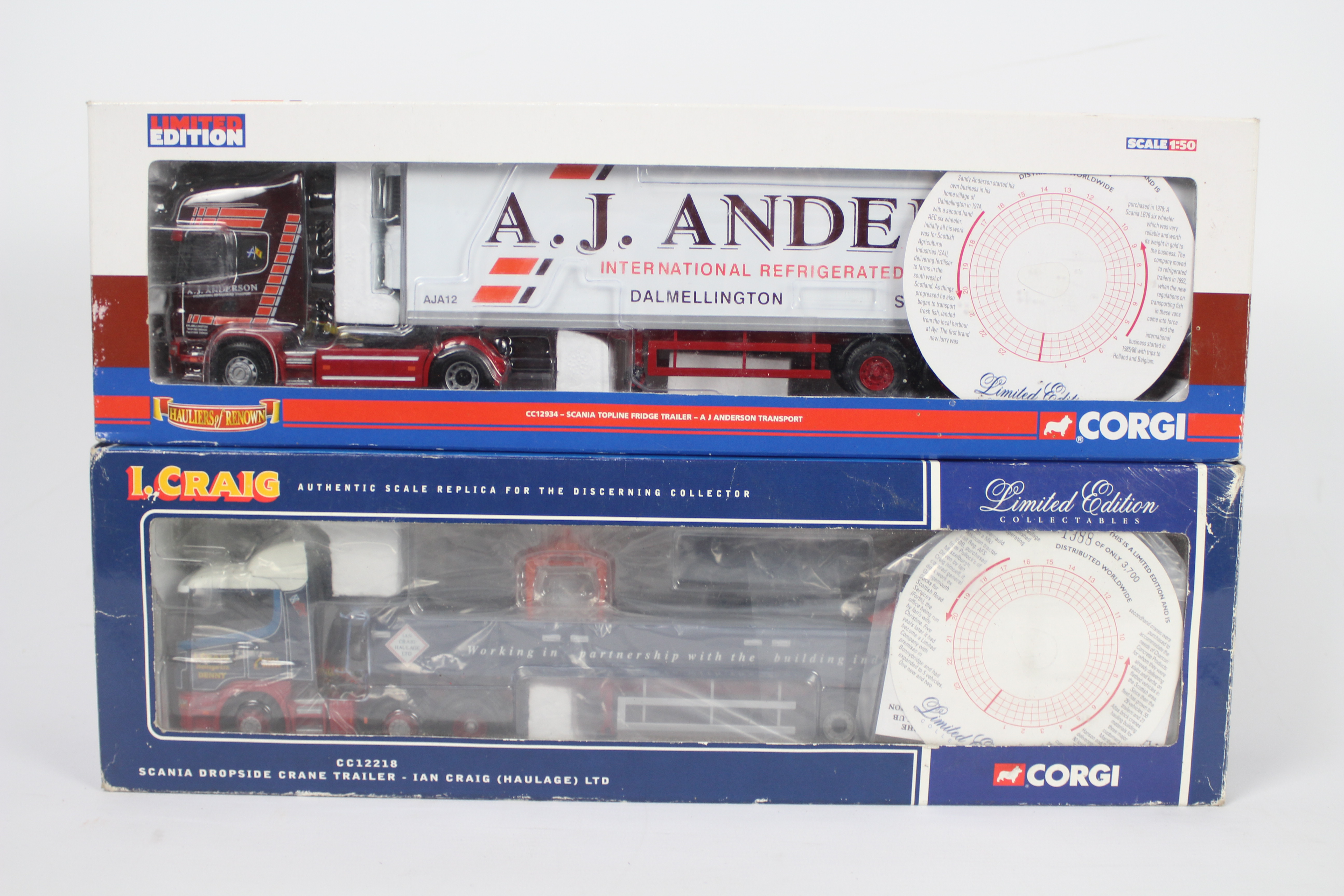 Corgi - Hauliers Of Renown - 2 boxed Scania trucks, a Topline Fridge Trailer in A.J.