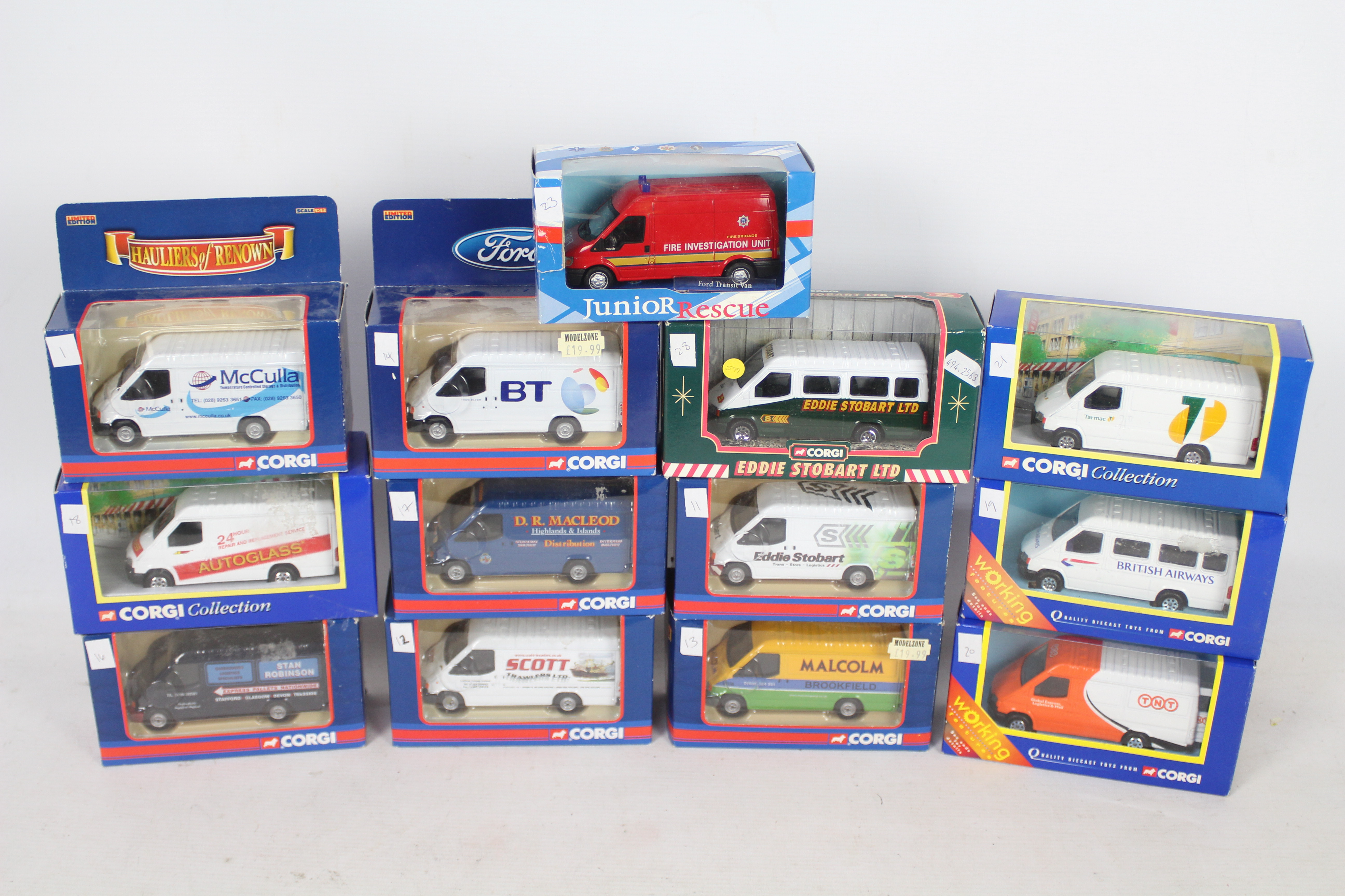 Corgi - 13 boxed die-cast model vans - Lot includes a 1:43 #CC07807 Eddie Stobart Transit van,