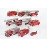 Oxford - 9 unboxed model Fire Engines mostly in 1:76 scale including Scania in Merseyside Fire &