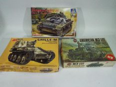 Airfix, Alan, Italeri - Three boxed 1:32 and 1:35 scale plastic model tank and gun kits.