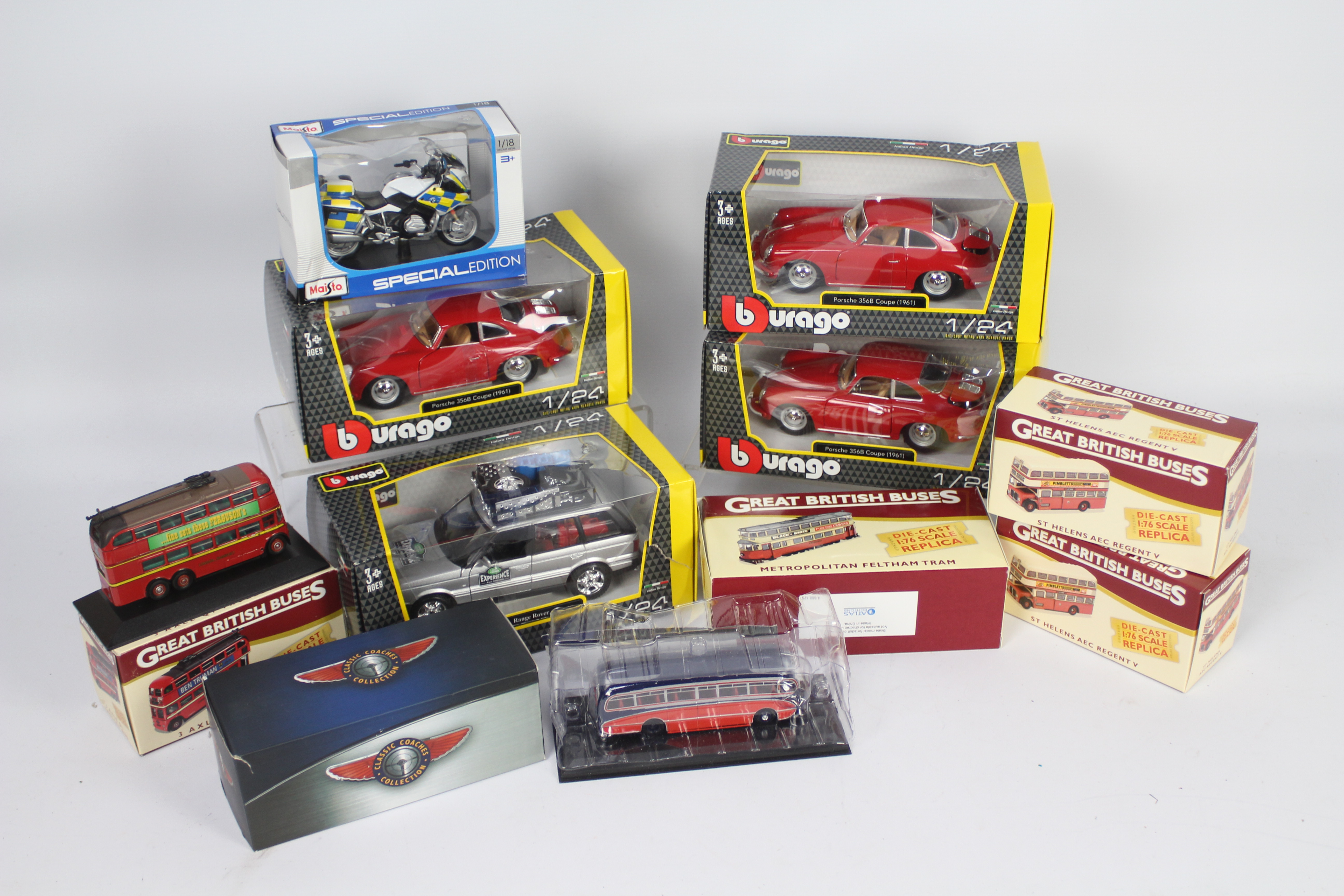 Bburago, Atlas Editions, Maisto - A boxed collection of 10 diecast model vehicles in various scales.