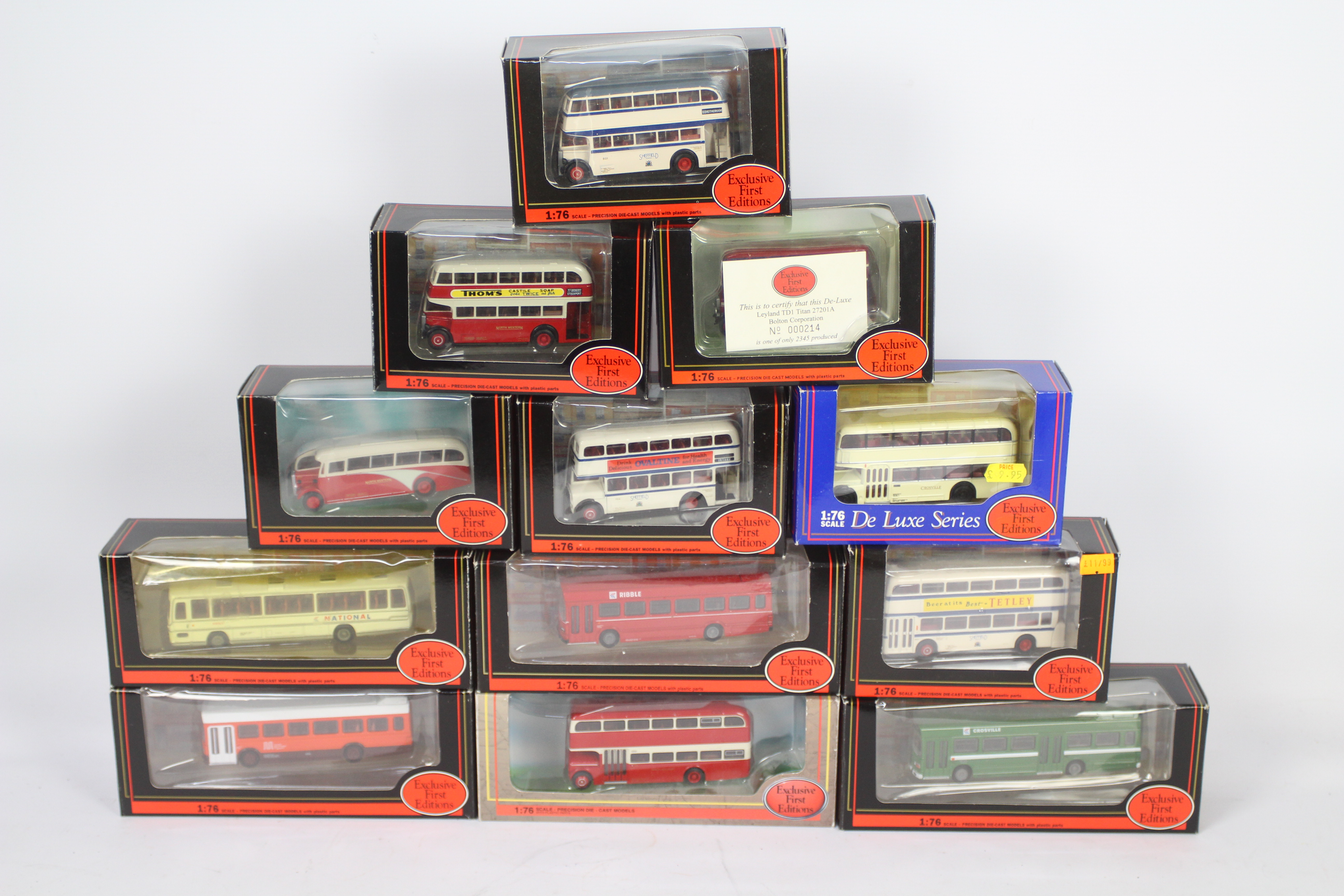 Exclusive First Editions - 12 x bus models in 1:76 scale including a Plaxton Coach in Ribble N.B.