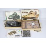 Tamiya - Three boxed 1:35 scale tank and military accessory plastic model kits.