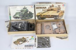 Tamiya - Three boxed 1:35 scale tank and military accessory plastic model kits.