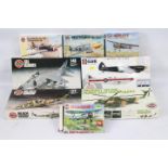 Airfix - Eight boxed Airfix plastic military aircraft model kits in various scales.