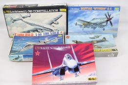 Airfix, Trumpeter, Heller, Esci - Five boxed plastic model aircraft kits in various scales.