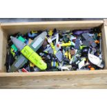 Lego - Mega Bloks - A pine toy chest containing a large quantity of loose mixed bricks and pieces