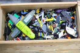 Lego - Mega Bloks - A pine toy chest containing a large quantity of loose mixed bricks and pieces