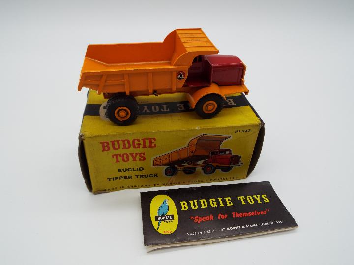 Budgie Toys - a die-cast Euclid Tipper Truck #242, orange body and base, red cab,
