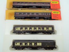 Hornby Minitrix and other - four N gauge model passenger carriages comprising 2 x Pullmans and 2 x