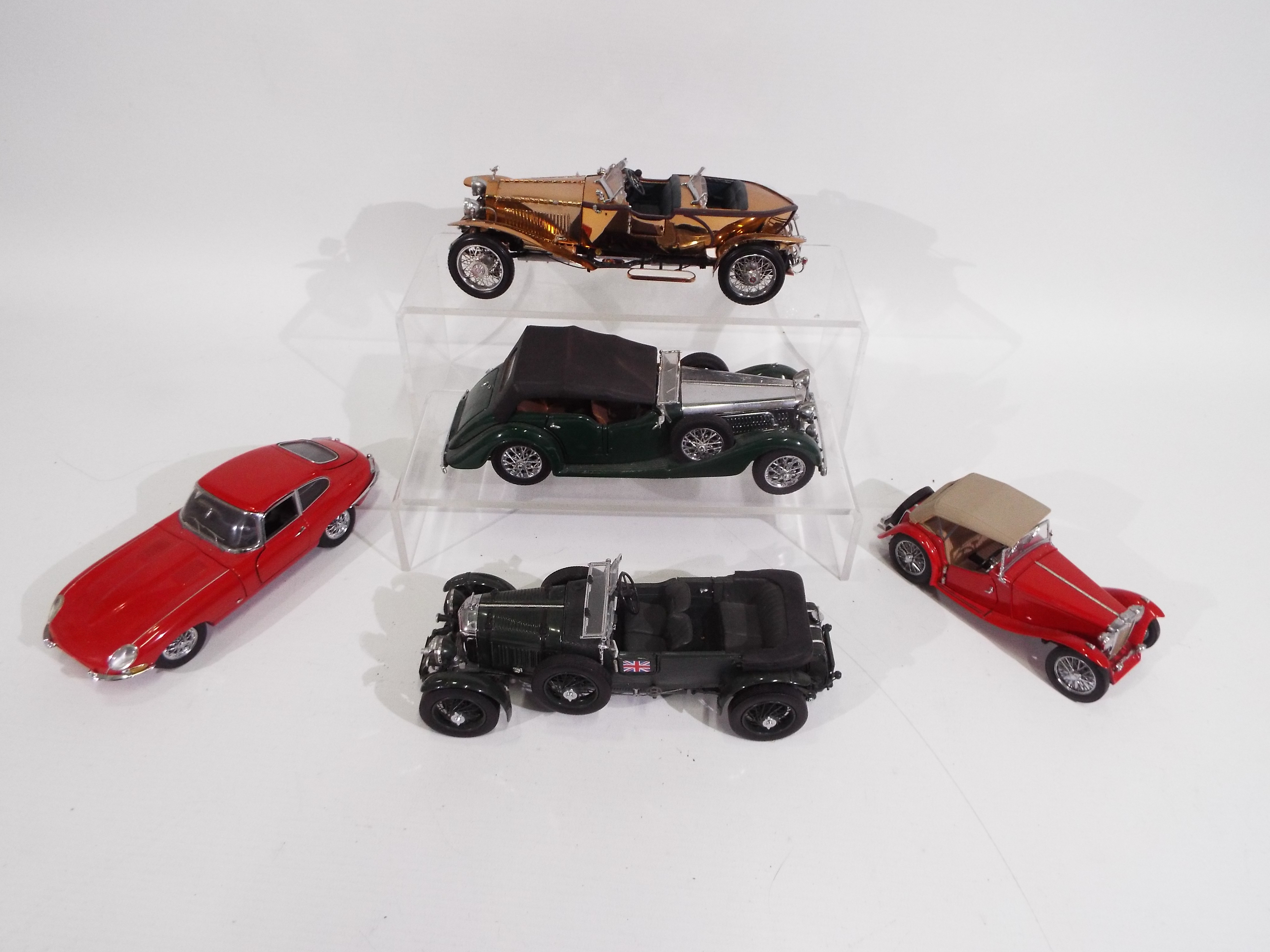 Franklin Mint - 5 x unboxed cars, 1948 MG TC, 1961 Jaguar E Type, 1929 Bentley, 1938 Alvis 4.