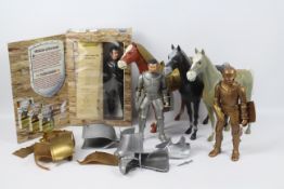 Marx - A collection of three Knight 12" action figures and three model horses from the Marx Toys