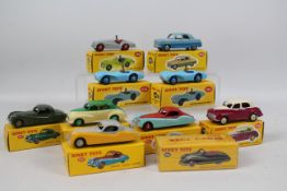 Atlas Dinky - 10 x British car models including Jaguar XK120 Coupe # 157 in three different colours,