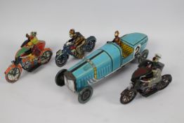 Paya - 4 x vintage style clockwork pressed metal models, a Motorcycle,