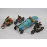 Paya - 4 x vintage style clockwork pressed metal models, a Motorcycle,