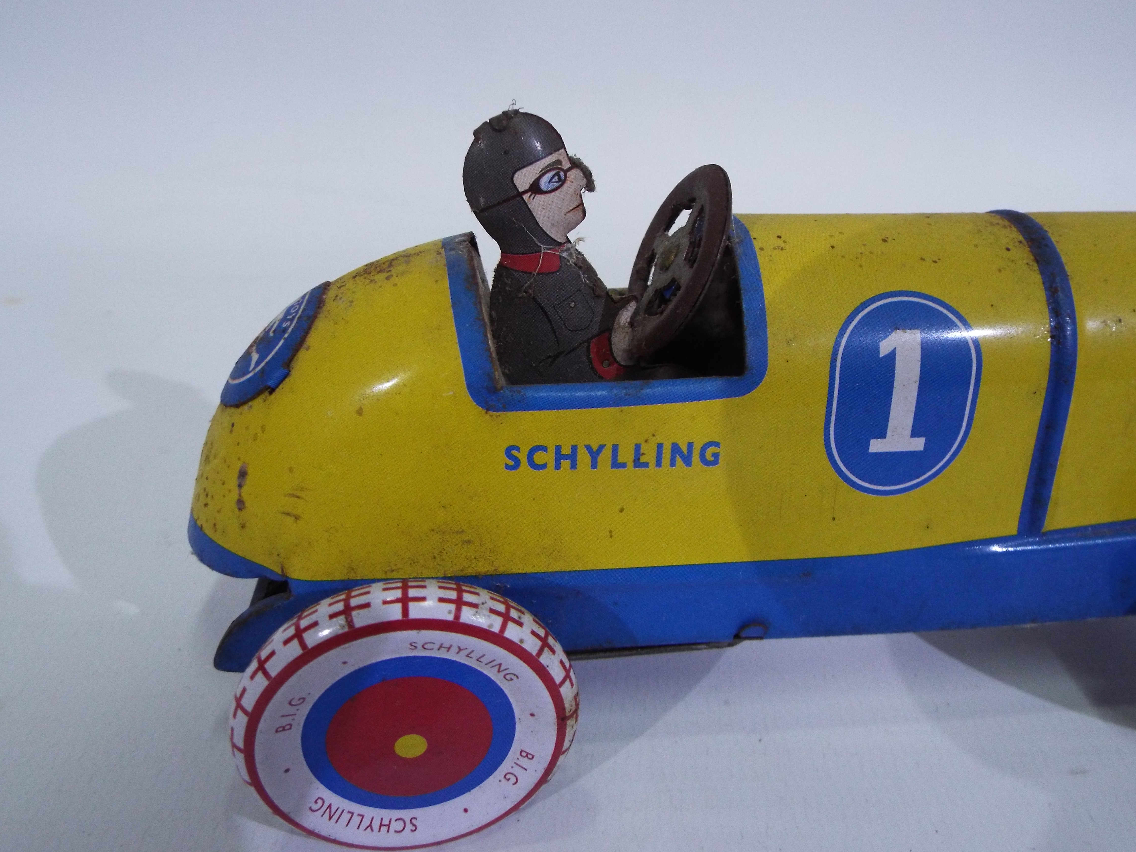 Schylling - 3 x clockwork pressed metal cars, the Sunbeam Speed Record car, - Image 6 of 8
