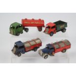 Tri-ang - Minic - 4 x clockwork pressed metal Lorries, an articulated Shell Tanker, a Tipper,