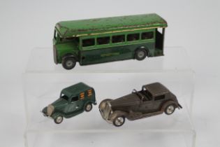 Tri-ang - Minic - 3 x clockwork tinplate vehicles, a Greenline single deck Bus,