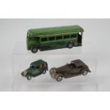 Tri-ang - Minic - 3 x clockwork tinplate vehicles, a Greenline single deck Bus,