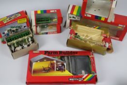 Britains - Four Britains 1:32 scale farm implements / accessories with three EMPTY Britains boxes.