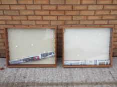 Two wall mounted display cabinets with glass shelves each measuring approximately 77cms (H) x 62cms