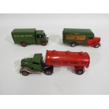 Tri-ang - Minic - 3 x clockwork pressed metal vehicles, an Articulated Shell Tanker,