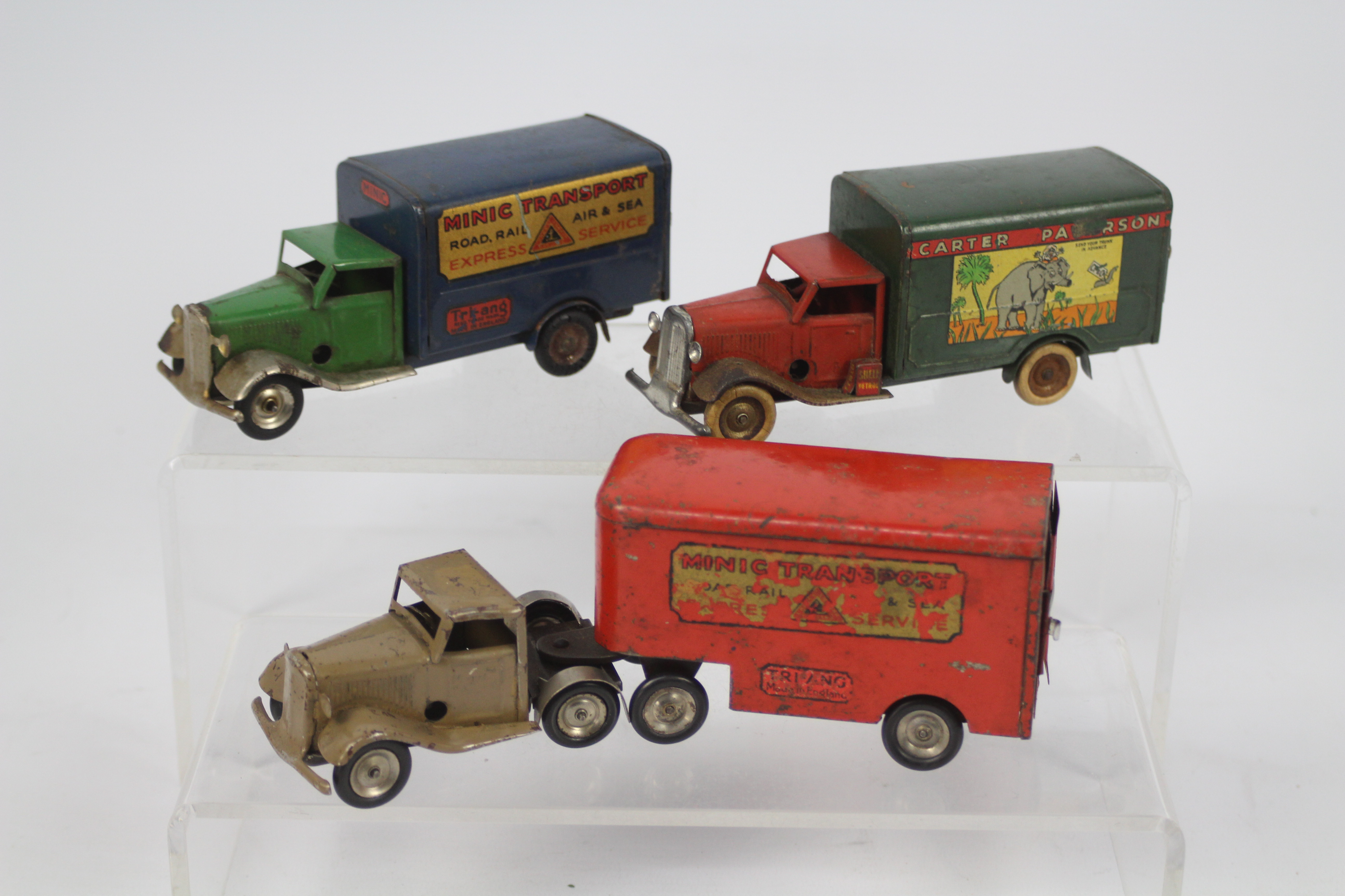 Tri-ang - Minic - 3 x clockwork pressed metal vans, a Minic Transport box van,