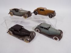 Tri-ang - Minic - 4 x clockwork pressed metal cars including Tourer # 12M, Coupe # 6M,