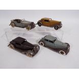 Tri-ang - Minic - 4 x clockwork pressed metal cars including Tourer # 12M, Coupe # 6M,