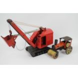 Tri-ang - 2 x vintage pressed metal vehicles and a wall sign, a large Tri-ang Tracked Excavator,