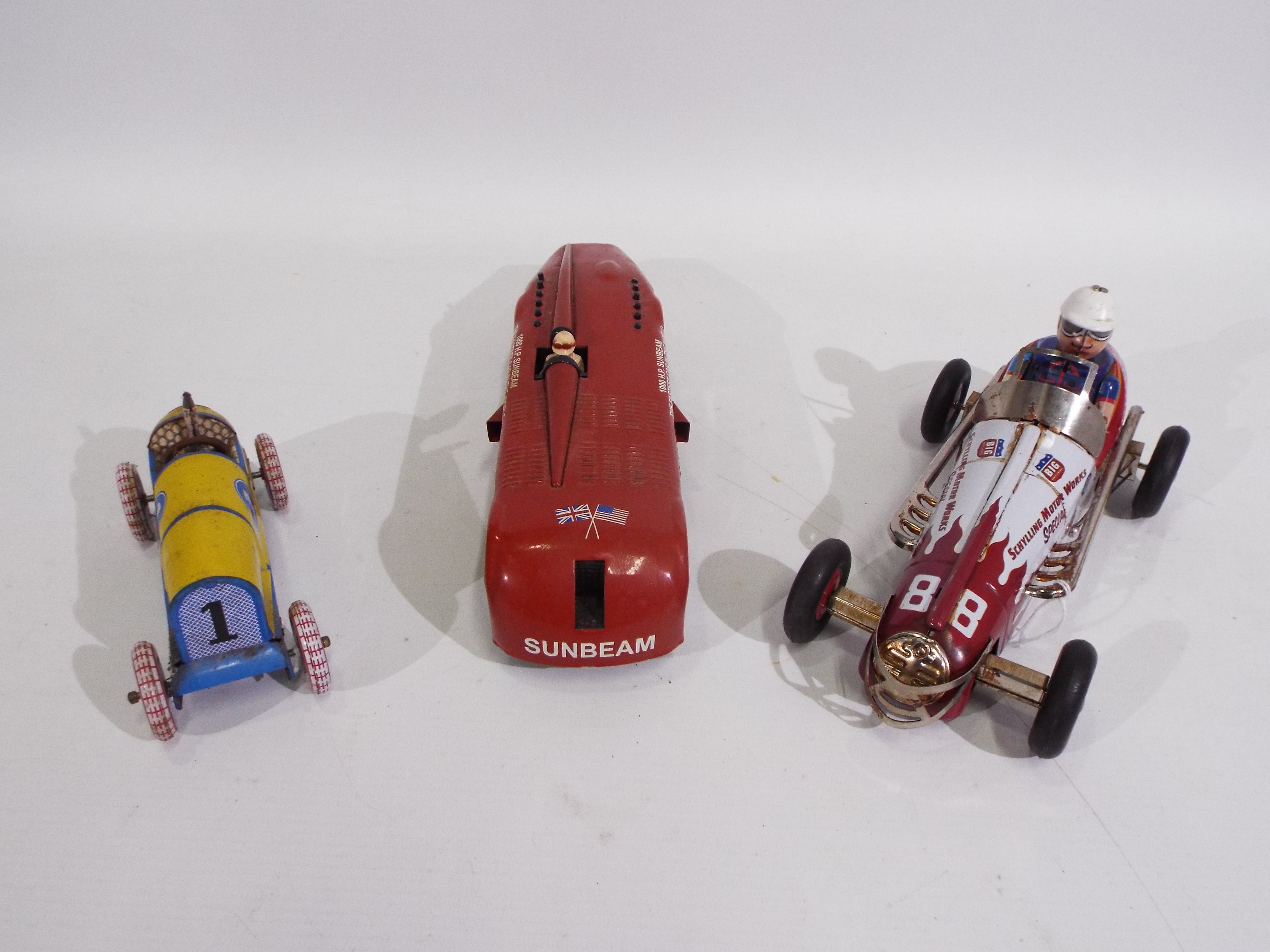 Schylling - 3 x clockwork pressed metal cars, the Sunbeam Speed Record car, - Image 2 of 8