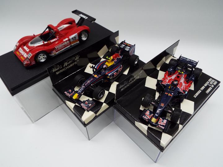 Minichamps - two 1:43 scale model racing cars comprising Ferrari 333SP Danka, red,