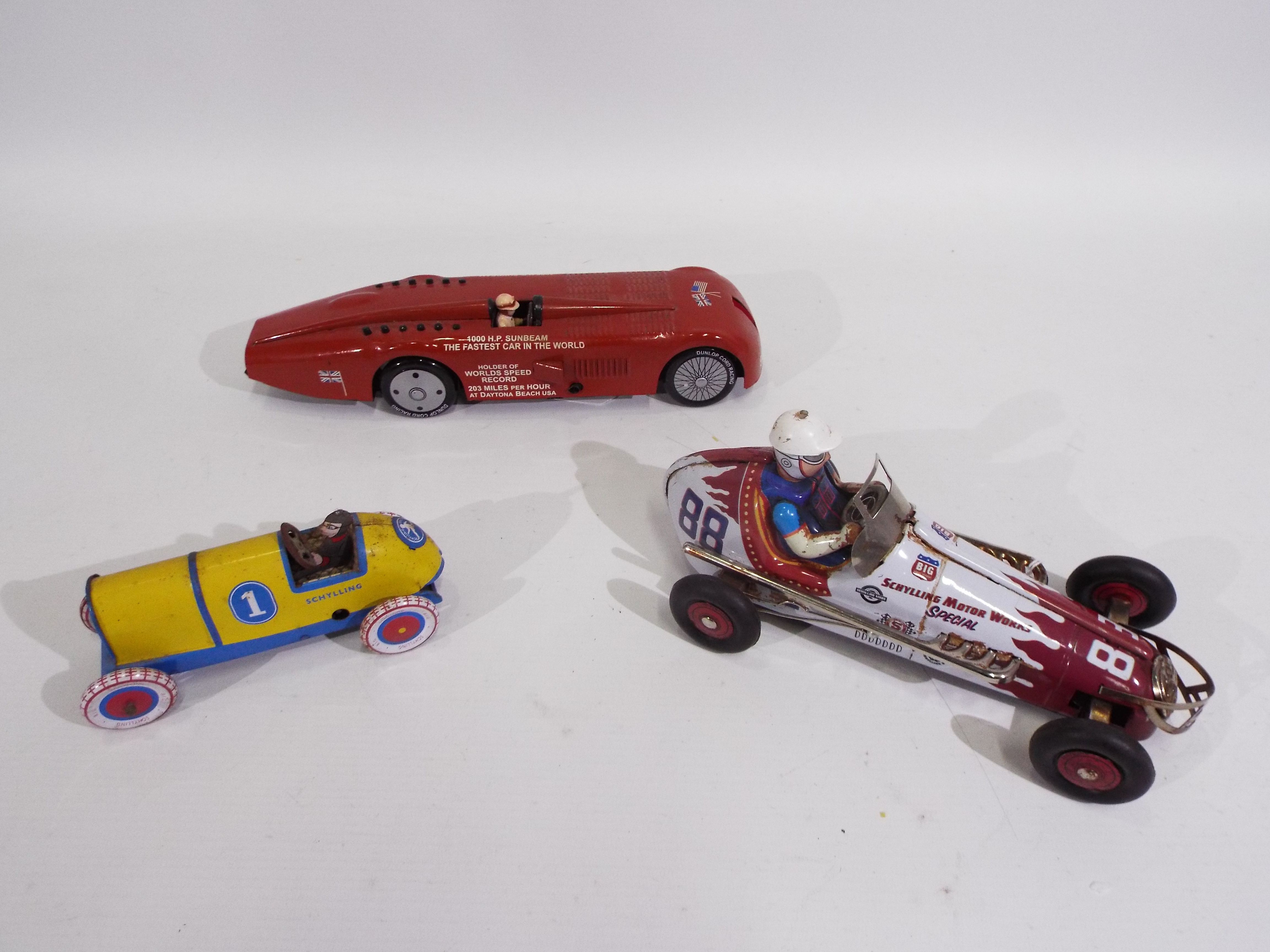 Schylling - 3 x clockwork pressed metal cars, the Sunbeam Speed Record car, - Image 3 of 8