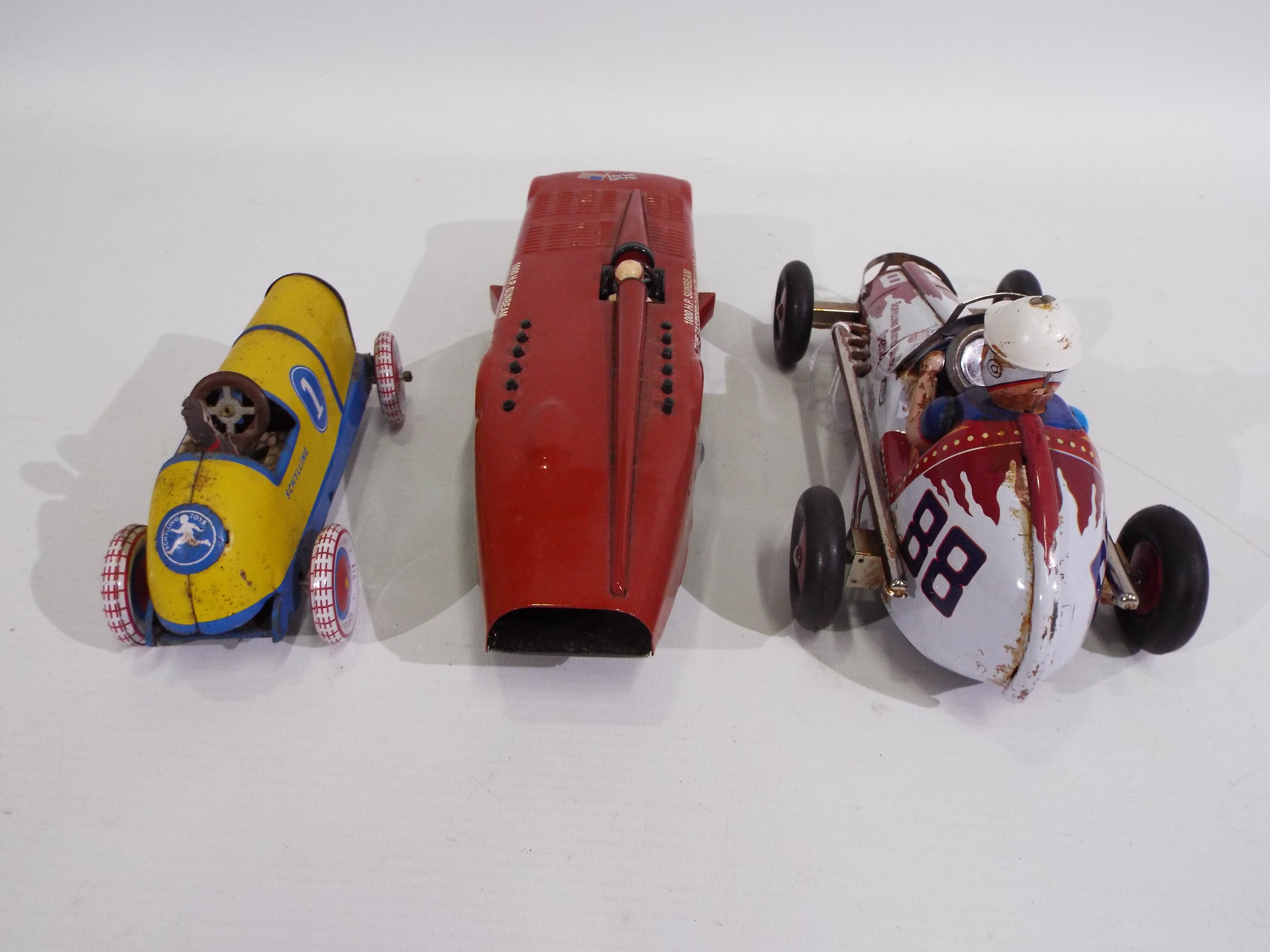 Schylling - 3 x clockwork pressed metal cars, the Sunbeam Speed Record car, - Image 4 of 8