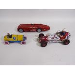 Schylling - 3 x clockwork pressed metal cars, the Sunbeam Speed Record car,