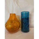 WHITEFRIARS MID CENTURY GLASS - 2 X RANDOM STRAPPING VASES - PEACOCK & ORANGE