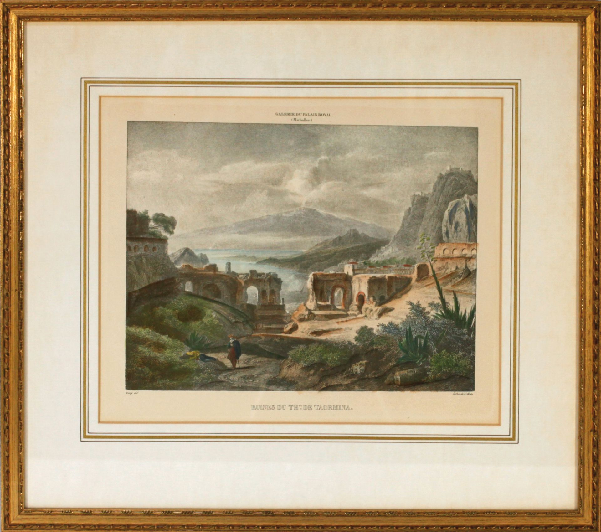 ITALY -- "RUINES du theatre de Taormina". (c. 1825). Handcold. lithogr. after Michallon