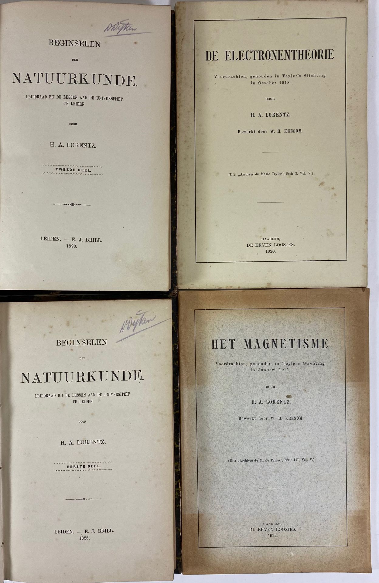 LORENTZ, H.A. Beginselen der natuurkunde. Leiden, 1888-90. 2 vols. Cont. h. mor