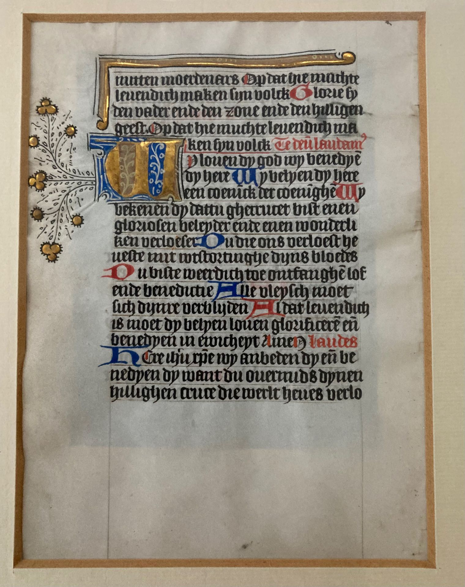 BOOK OF HOURS. 1 leaf from a Dutch book of hours. 14th
