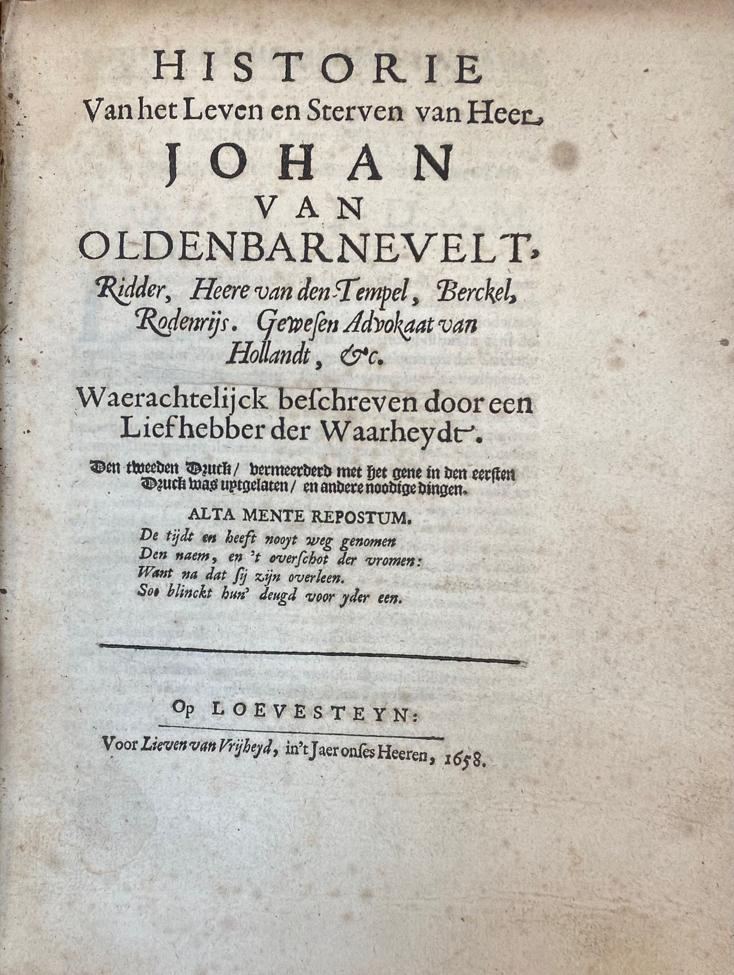OLDENBARNEVELT -- HISTORIE v.h. leven en sterven van heer Johan van Oldenarnevelt, ridder