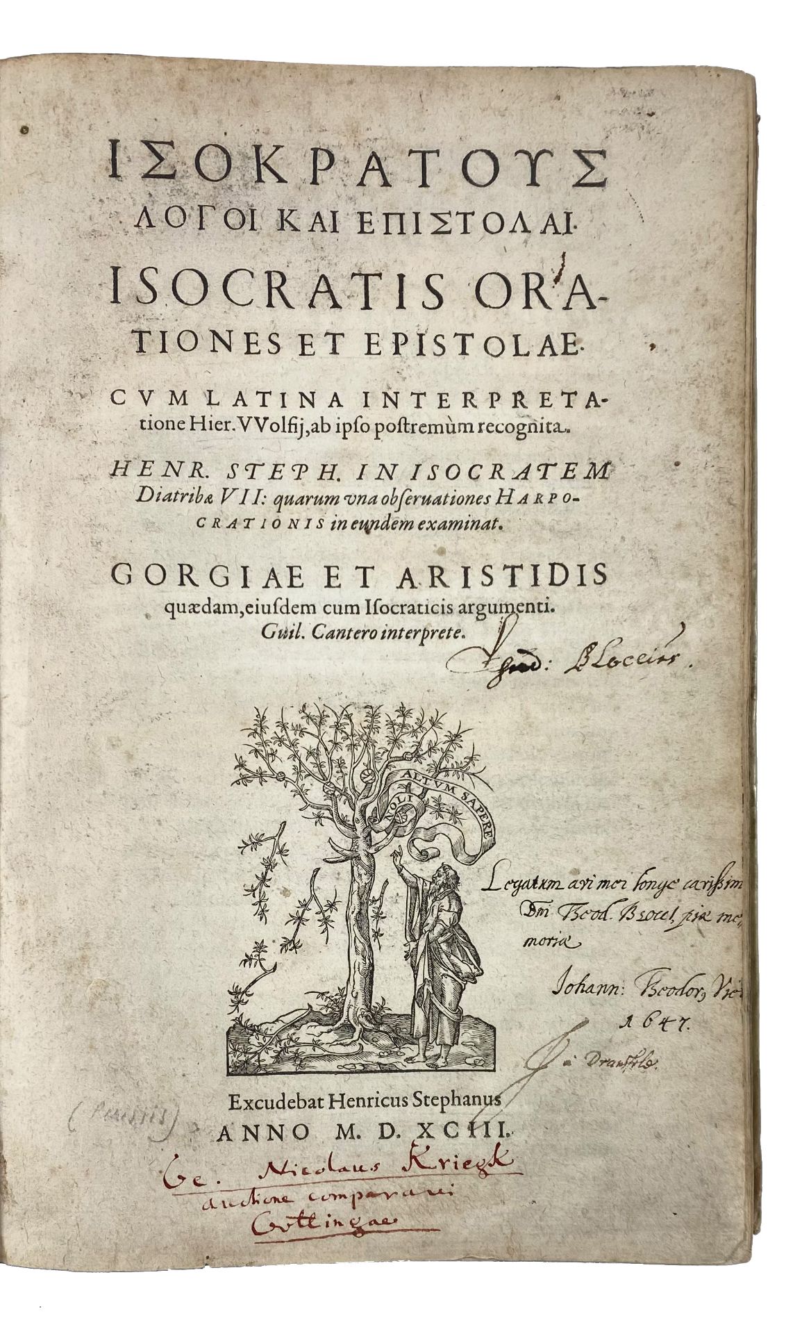 ISOCRATES. Orationes et epistolae. Cum latina interpret. H. Wolfii, ab ipso postremùm