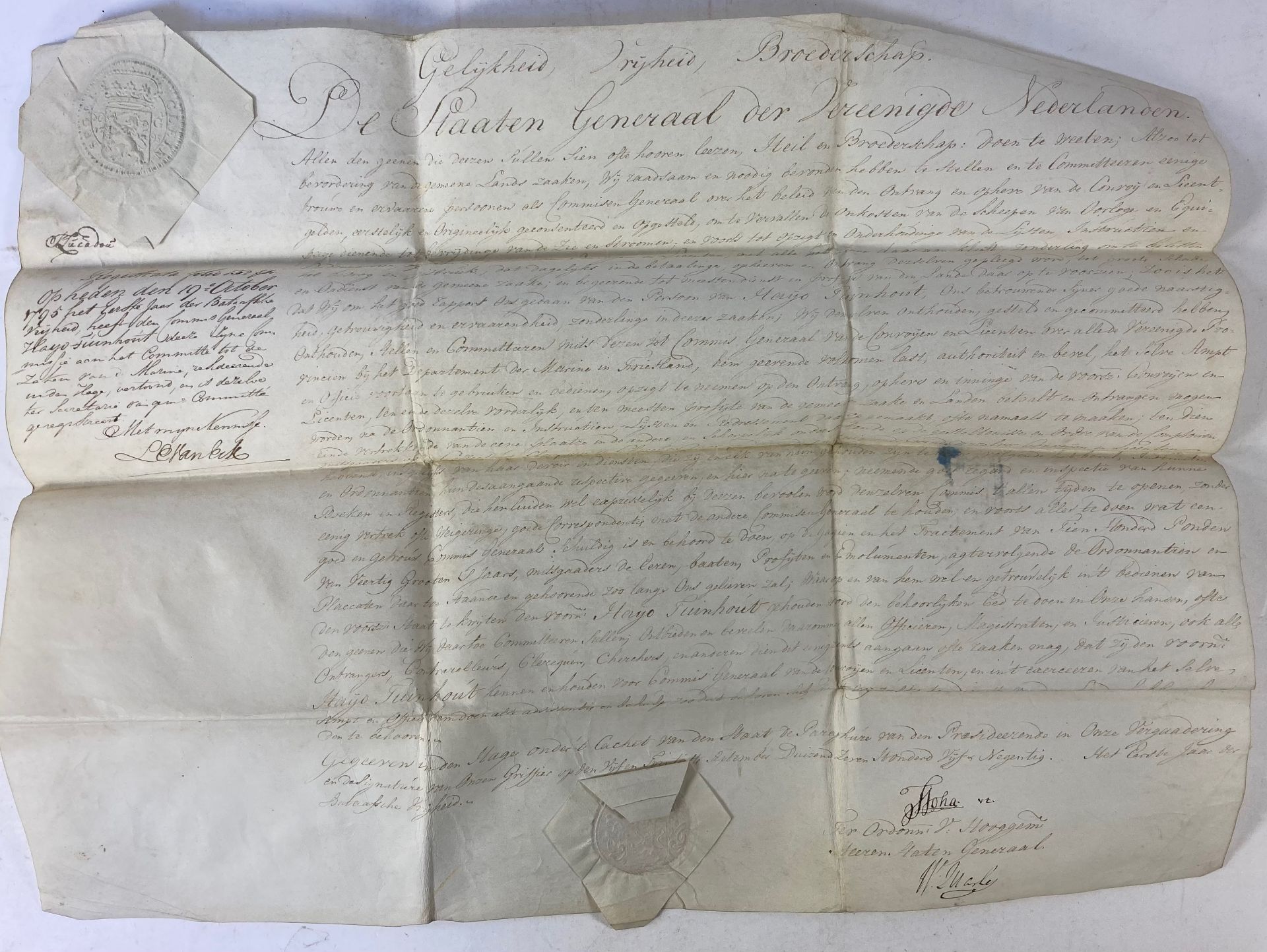 CONVOYS & LICENSES -- LETTER OF APPOINTMENT written out to Hayo Tuinhout (1757-1811) as