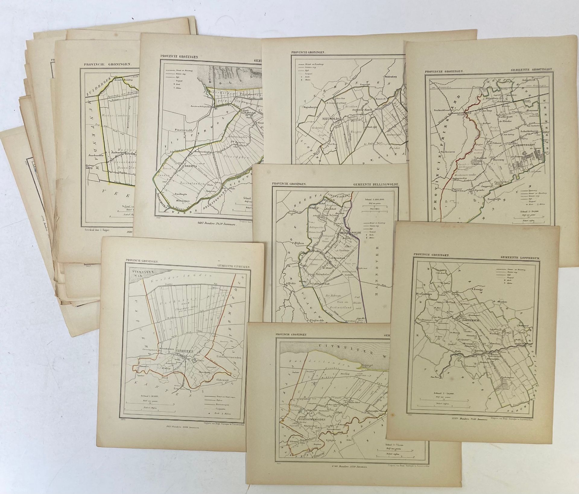 LOW COUNTRIES -- GRONINGEN -- COLLECTION of 33 lithogr. maps, cold. in outlines, taken