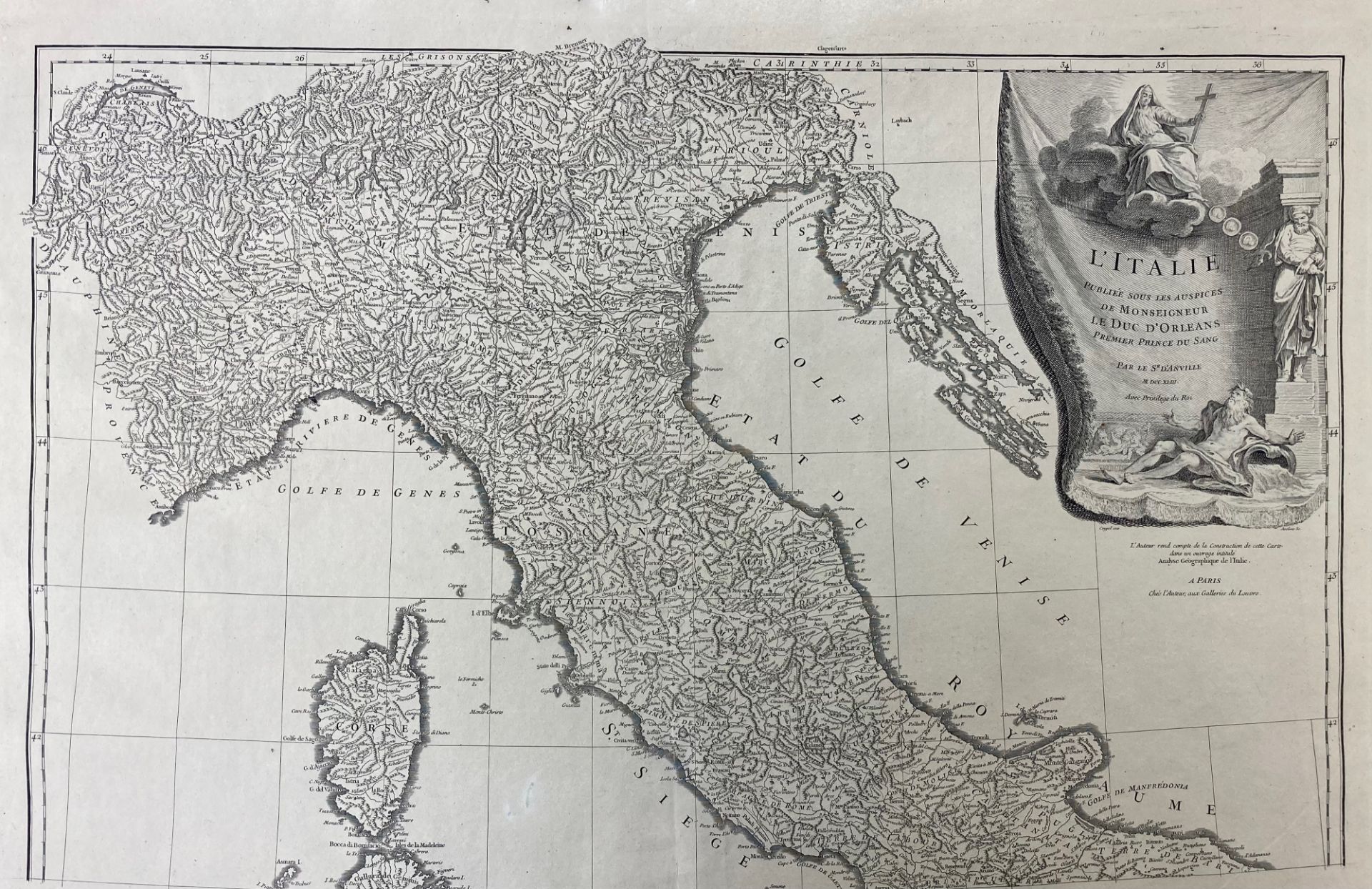 ITALY -- "L'ITALIE, (…)". Paris, (J.B. Bourguignon) d'Anville, 1743. Plain engr. map by Aveline