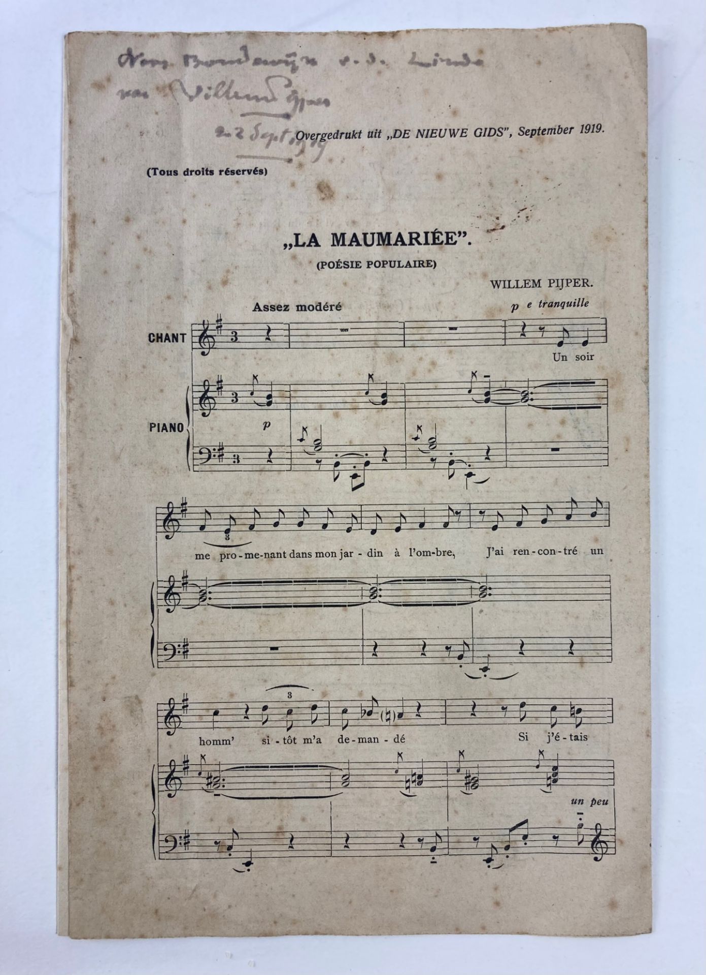 PIJPER, Willem (1894-1947), Dutch composer. Off-print of a composition/score for
