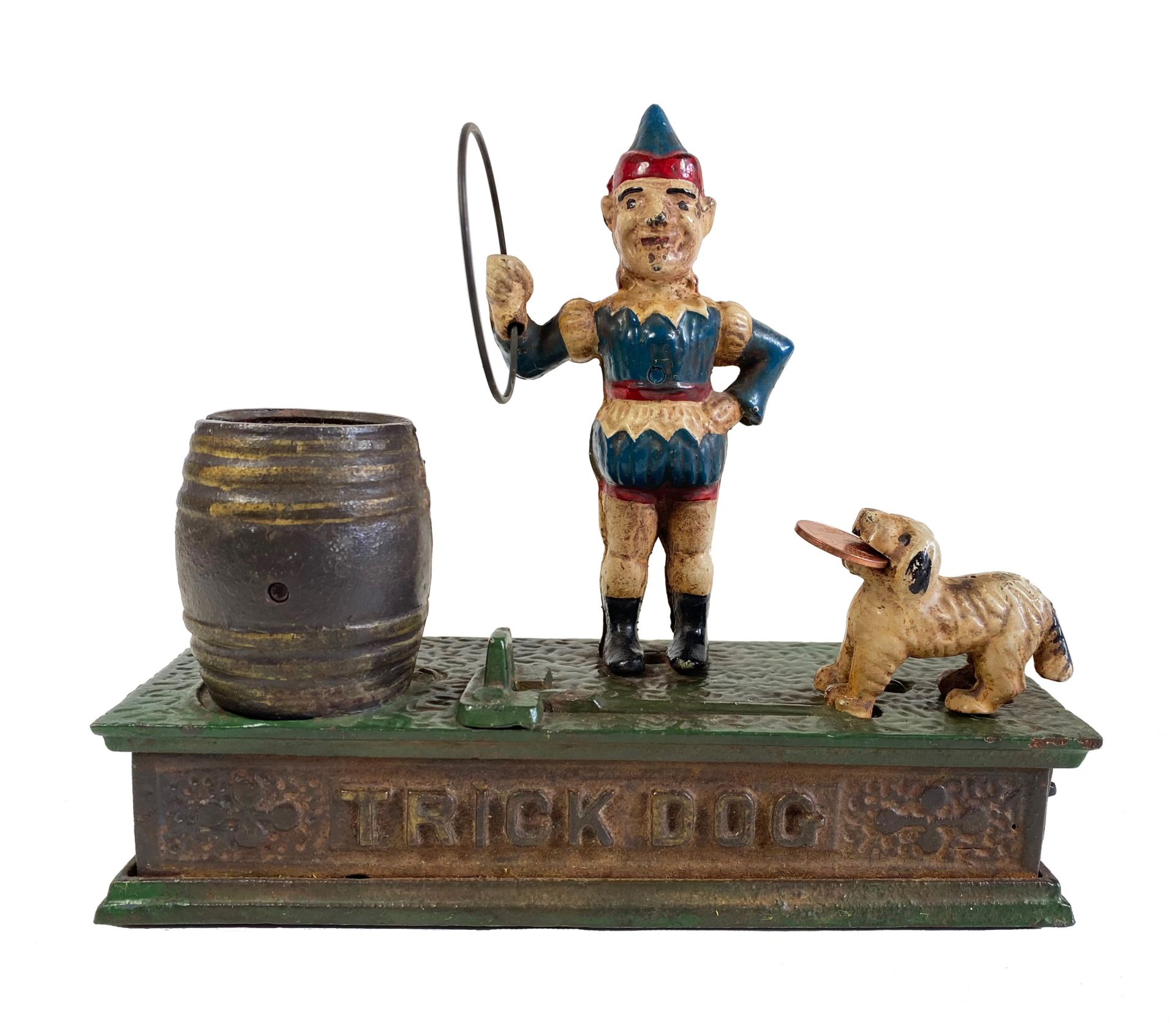 TRICK DOG BANK. Old cast iron mechanical bank with original paint. 20,5