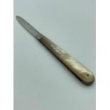 Antique early Victorian SILVER BLADED FRUIT KNIFE . Mother of pearl handle with silver cartouche.