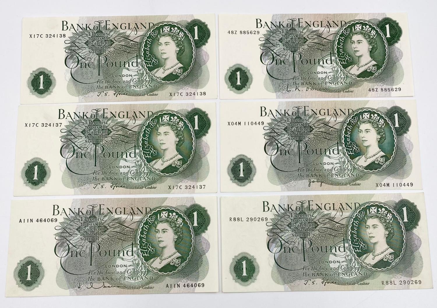 Six Vintage Britannia One Pound Notes. Uncirculated - In plastic wallets.