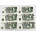Six Vintage Britannia One Pound Notes. Uncirculated - In plastic wallets.